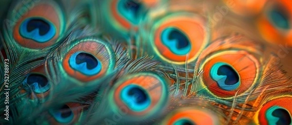 Fototapeta Close-up of vibrant and colorful iridescent peacock feathers