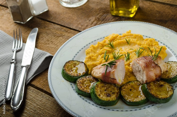 Fototapeta Chicken Breast with Black Forest ham and pea puree