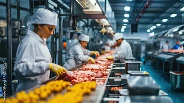 Fototapeta Production line in the food factory.Factory for the production of food from meat.Industrial equipment at a meat factory.Automated production line in modern food factory.People working.