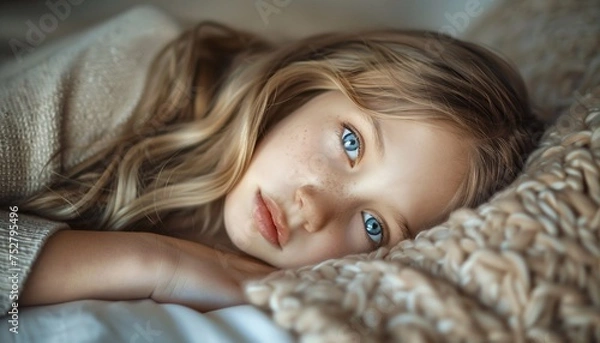 Fototapeta Fall's Favorite A Blonde-Haired Girl with Blue Eyes and Freckles Generative AI