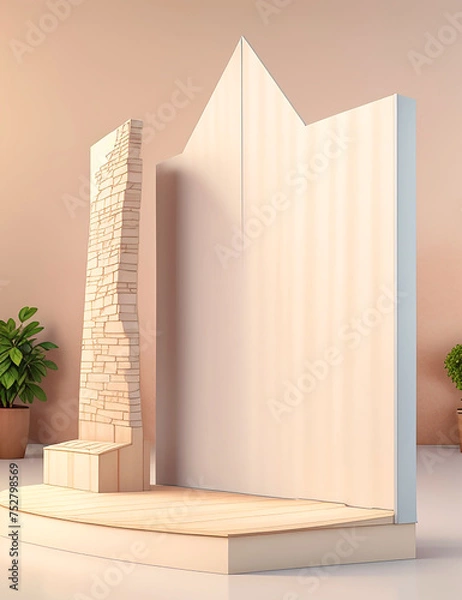 Fototapeta 3d realistic podium mockup for product presentation decorated with 3d rendering flat color trees
