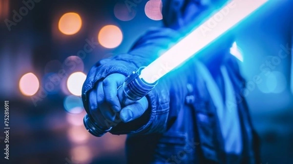 Fototapeta Close-up shot captures a hand gripping a blue lightsaber that illuminates a dark backdrop with vibrant energy