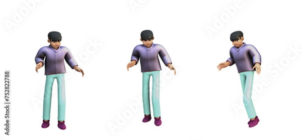 Fototapeta 3D ILLUSTRATION RENDERING. OBJECT ELEMENT FOR GRAPHICS PORTRAIT SMILLING MAN CUTE CARTOON CHARACTER YOUNG MALE MODEL STANDING ON ISOLATED WHITE BACKGROUND. MINIMAL HUMAN ACTION.