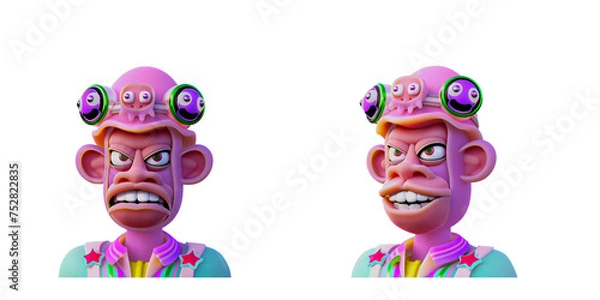Fototapeta 3D RENDERING ILLUSTRATION. colorful apes monkey face cartoon art character. animal monster profile avatar picture on isolated white background.