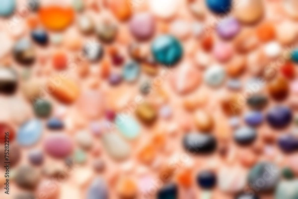 Fototapeta ABSTRACT BLURRED BACKGROUND ILLUSTRATION. Artwork semi precious stones mixed size, material and colored surface texture art decoration style on pastel background for jewelry wallpaper banner backdrop.