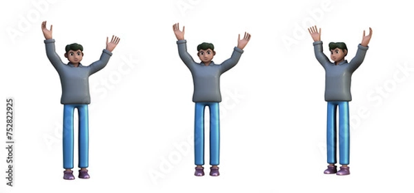 Fototapeta 3D ILLUSTRATION RENDERING. OBJECT ELEMENT FOR GRAPHICS PORTRAIT SMILLING MAN CUTE CARTOON CHARACTER YOUNG MALE MODEL STANDING ON ISOLATED WHITE BACKGROUND. MINIMAL HUMAN ACTION.
