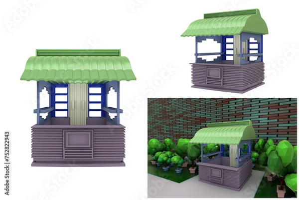 Fototapeta 3D RENDERING ILLUSTRATION. Sample idea model booth kiosk perspective design. Small business street food drink shop stall market or Product exhibition fair counter concept isolated white background.