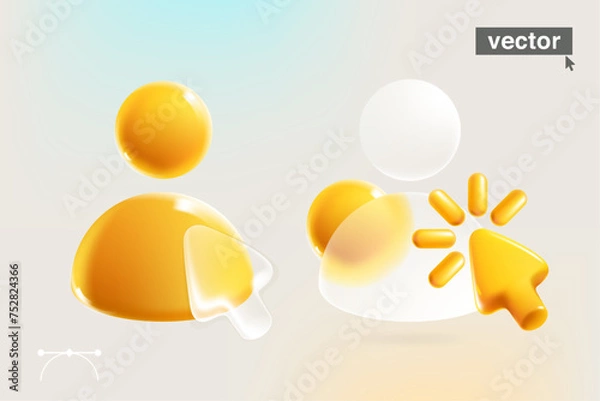 Obraz Person user icon in glassmorphism style. 3D avatar made of matte glass, cursor, loading icon and spheres. Transparent glass with blur effect. Vector for social media, UI screen, banner, app design.