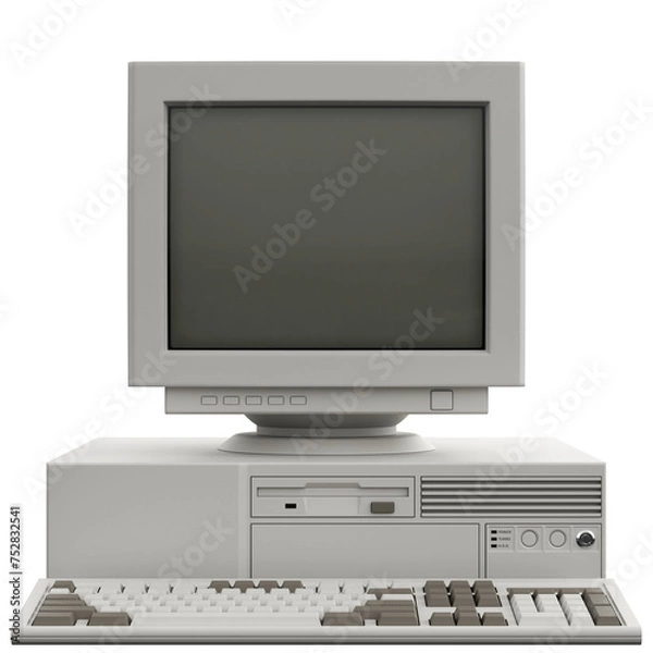 Fototapeta Isolated Retro Personal Computer With CRT Monitor and Horizontal Case. 3D Illustration
