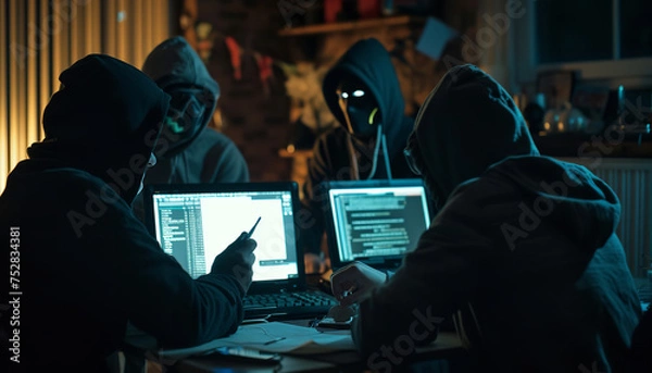 Obraz An anonymous group of hackers collaboratively strategizes in a dim environment - plotting a major cyber offensive against a target - wide format