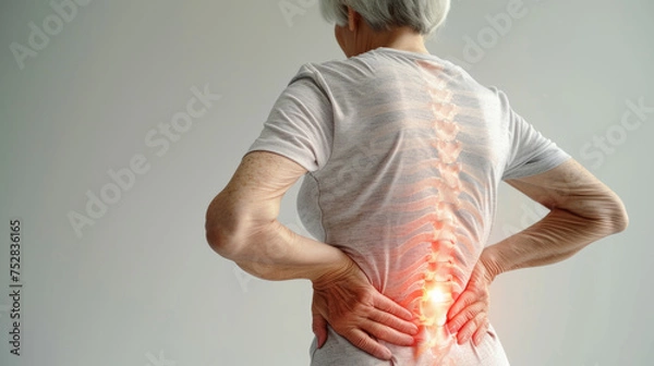 Fototapeta Old woman in white clothes holding her back because she have a painful back suffering from spine pain