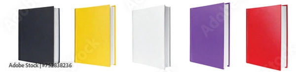 Obraz Set of book cover mockups. white, yellow, black, violet and red books. front and side view perspectives, template designs, isolated on a transparent background. PNG, cutout, or clipping path.	
