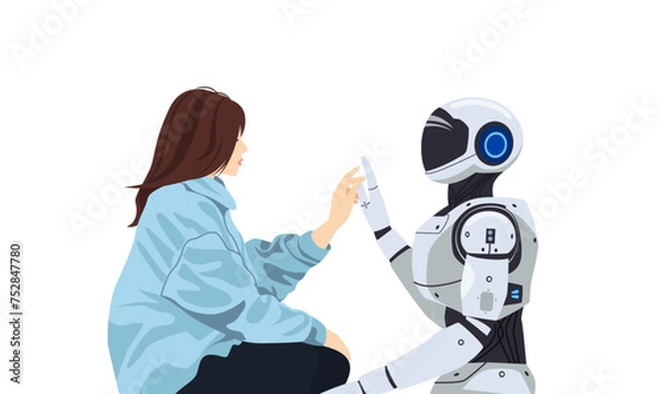 Fototapeta The girl and the robot touch hands. Artificial intelligence, robot and human hands, data exchange, artificial intelligence science and technology, futuristic innovation.