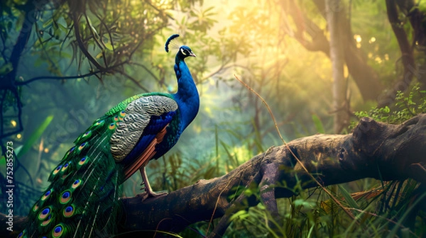 Obraz beautiful peacock in tranquil forest nature landscape