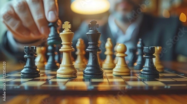 Fototapeta player's view of the chessboard, strategizing the next move towards checkmate