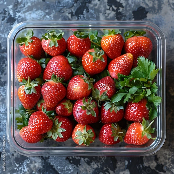Obraz Glass box with fresh strawberries. Vegetables in a glass containers. Food storage concept ai technology