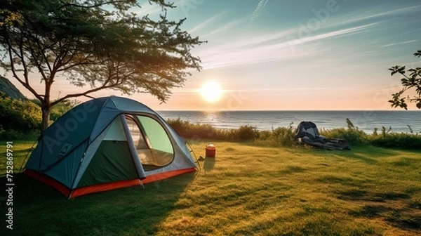 Obraz camping at sunset, generative ai
