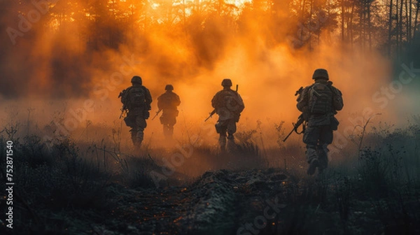 Fototapeta Group of warfare soldiers moving forward.