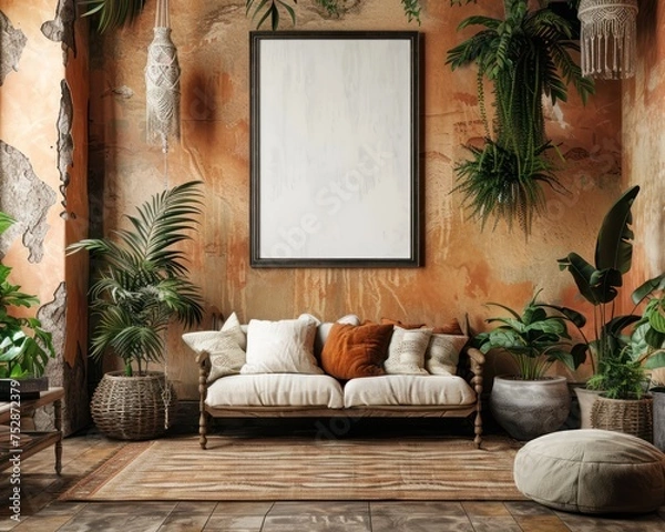 Fototapeta Bohemian Style Interior with Empty Frame Mockup