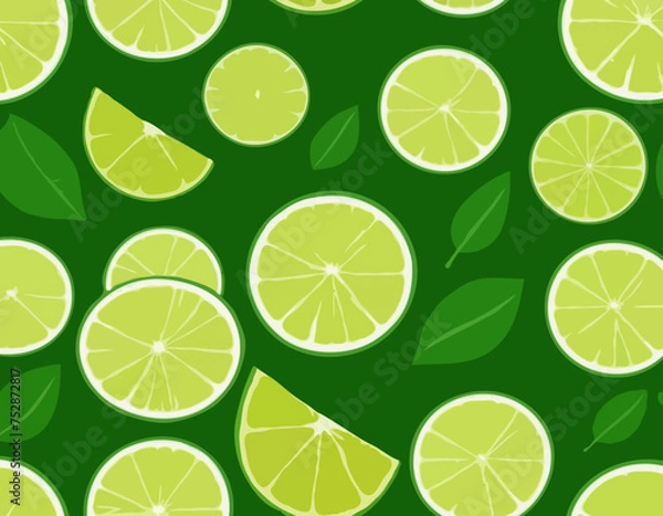 Fototapeta Colorful whole, half and slice lime with green leaf. Vector