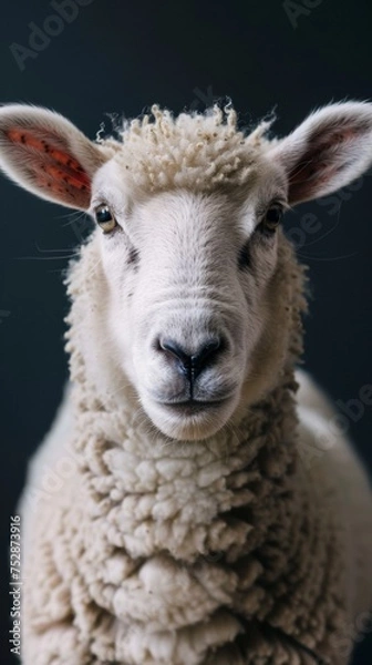 Fototapeta a sheep close-up portrait looking direct in camera with low-light, black backdrop