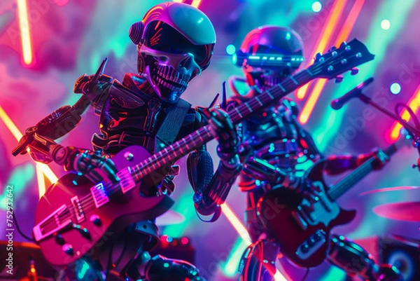 Fototapeta Two robot musicians playing electric guitars at a concert, generative ai