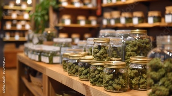 Obraz Cannabis dispensary shelf with product display. Glass jars of cannabis in a modern dispensary setting. Retail display of marijuana strains in a dispensary.