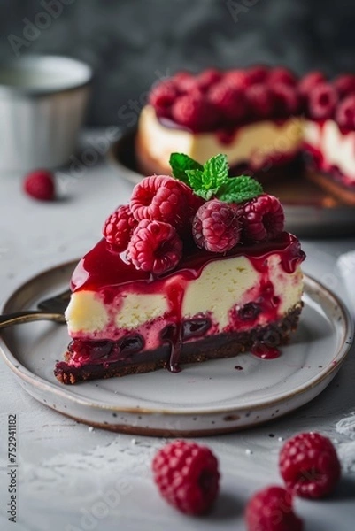 Obraz Cheesecake with raspberries and mint