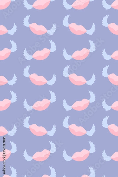 Fototapeta Pink lips and wings. Seamless vertical vector pattern. Repeating romantic ornament. Isolated purple background. Flat style. Pink lipstick. Air kiss. Seductive mouth. Cute print. Idea for web design.