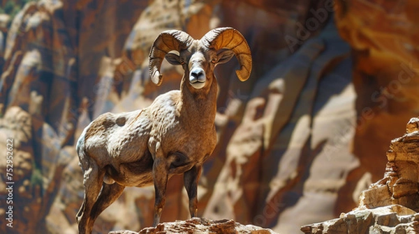 Fototapeta A majestic desert bighorn sheep standing proudly on a cliff against a desert backdrop.
