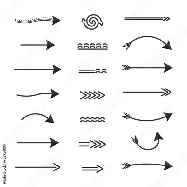 Obraz Arrows direction of movement, a set of black arrows of different shapes dotted twisted pointers landmarks. Vector elements isolate.