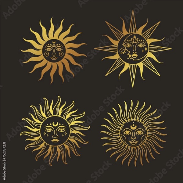 Obraz Sun vector gold illustration, hand drawn celestial boho line art logo, icons and symbol mystic moon tattoo elements for decoration.