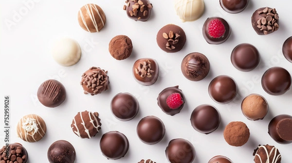 Fototapeta Assortment of chocolate candies on white background. Top view.