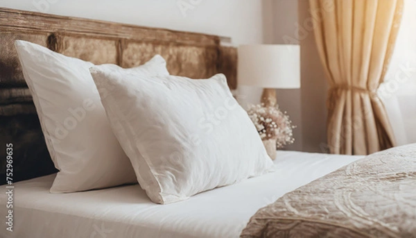 Fototapeta Clean Bedding sheets and pillow on natural wall room background. White bedding and pillow in hotel room. White pillows on empty bed.