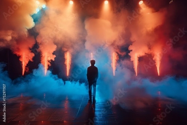 Obraz Person standing before a surreal stage with clouds and lights