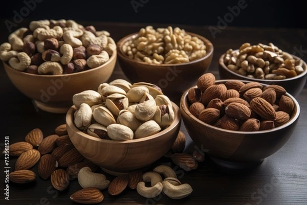 Obraz Variety of Raw Nuts in Wooden Bowls on Dark Table
