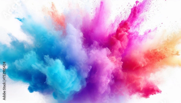 Fototapeta a colorful splash painting on white background, blue pink purple powder dust paint red explosion explode burst isolated splatter abstract. rainbow smoke or fog particles explosive special effect