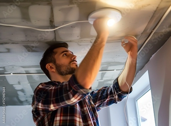 Fototapeta Electrician changing bulb in an apartment