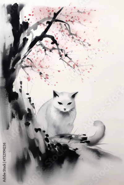 Obraz White Cat Under Cherry Blossom