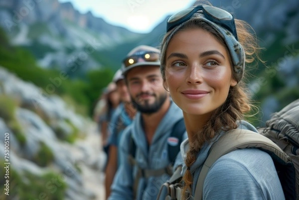 Fototapeta A group of tourists in the mountains in summer or autumn and look at the camera holding a camera or smartphone. Selfie shot of group of hikers in the mountain, active lifestyle, vacation concept