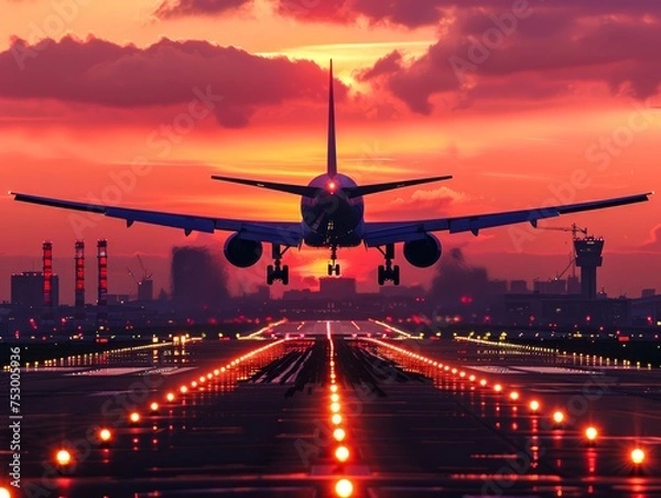 Fototapeta Commercial airplane lands on runway amidst glowing lights and a dramatic sunset, evoking travel and motion