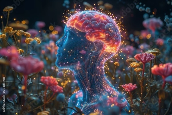 Fototapeta Artificial intelligence concept. Poster, wallpaper, Banner. Human body and brain glowing, 3d rendering. Human mental health, Mental balance, psychedelic trip effect, illusion of mind