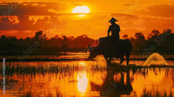 Obraz Silhouette of an Asian farmer riding a buffalo in a rice field at sunset, with golden hour light reflecting on the water surface
