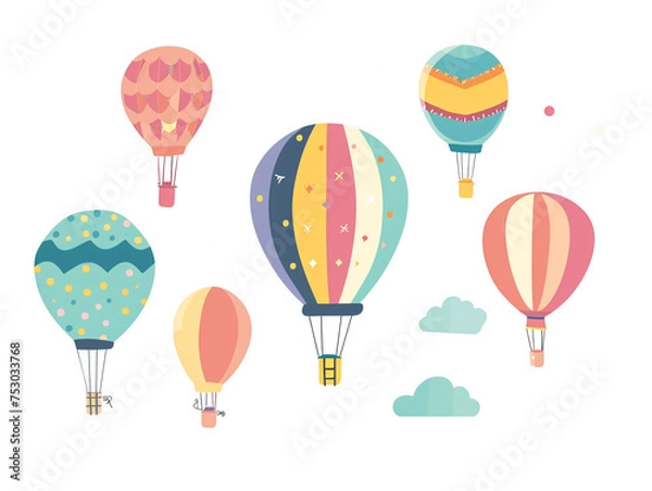 Fototapeta 2d flat design illustration of hot air balloon in the air. Flat pastel color. 