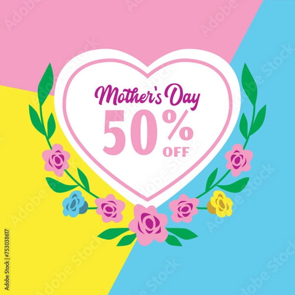 Fototapeta happy Mother's day offer background with heart sign, flowers, typography. editable design template flat vector stock illustration