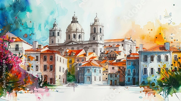 Obraz Watercolor touristic card of  Lisbon