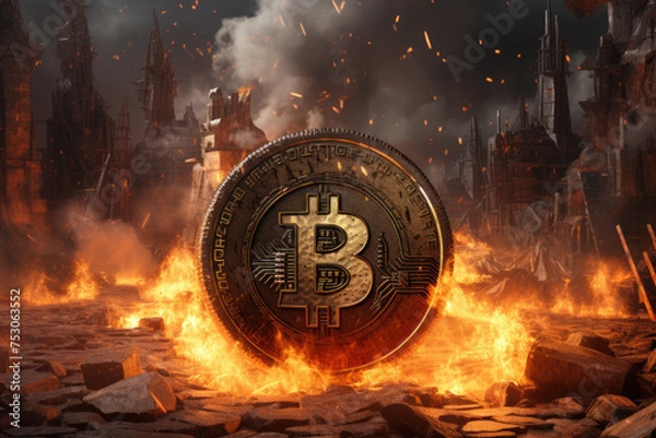 Fototapeta Bitcoin logo burning in fire