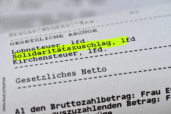 Fototapeta Solidaritätszuschlag, Soli, Einkommen, Gehaltsabrechnung, Abzüge