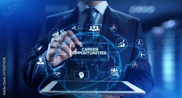 Fototapeta Career opportunities. Businessman pressing virtual button on screen.