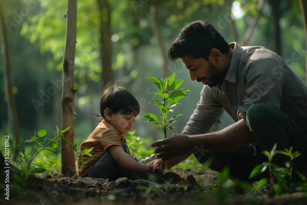 Fototapeta father hand planting tree with his kid in a forest